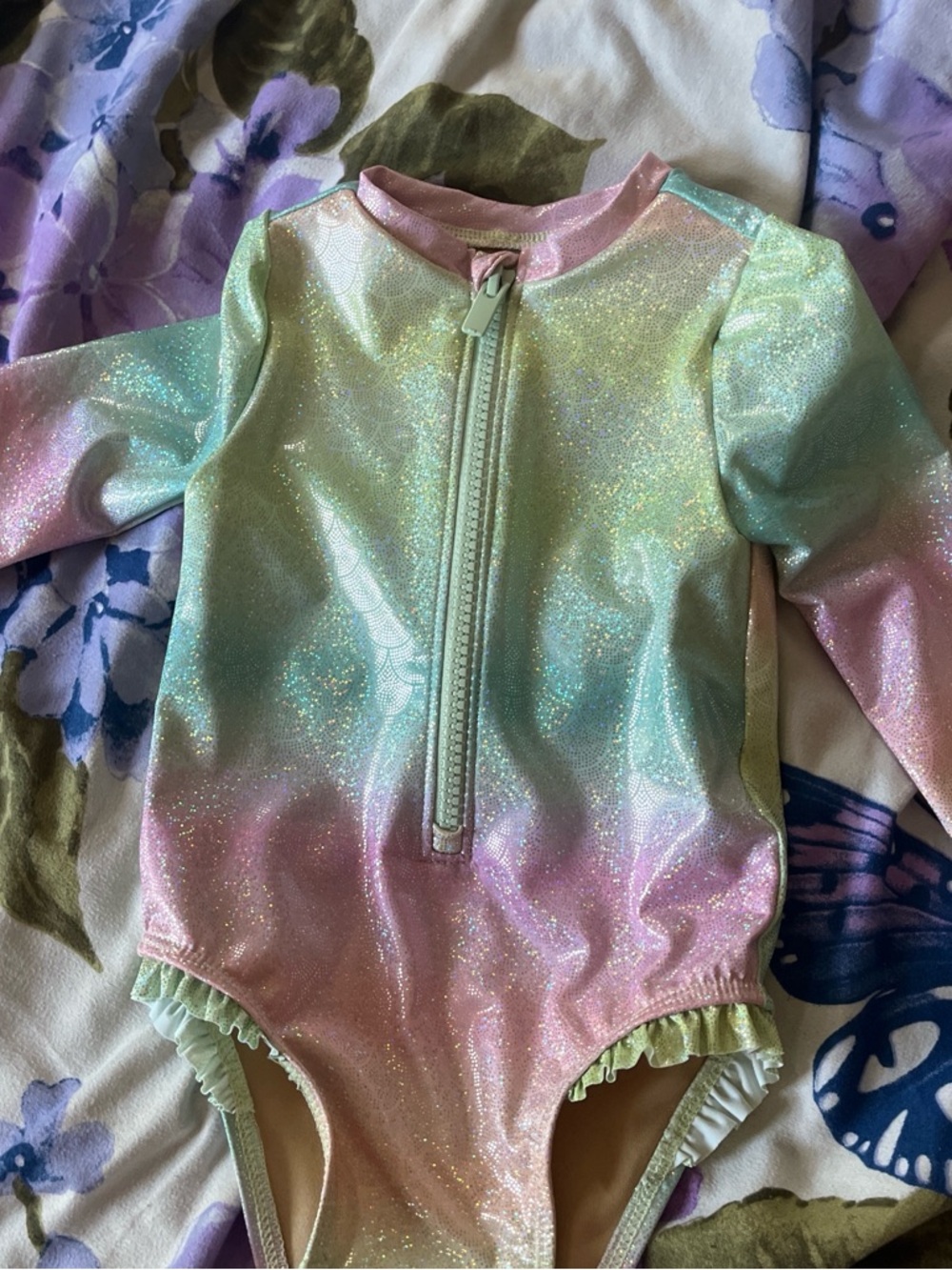 Sparkle Gradient Long-Sleeve One-Piece Swimsuit - Pastel Pink, Mint & Lavender